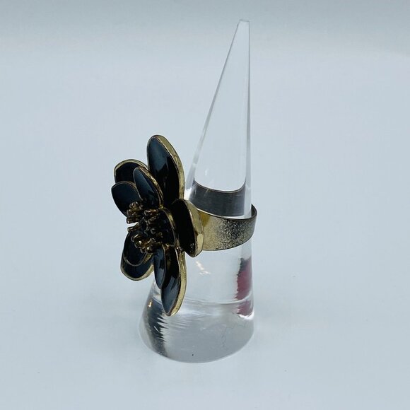 Black Enamel Flower Statement Ring Size 6.5 Gold Tone Petal Adjustable Costume - Picture 2 of 5